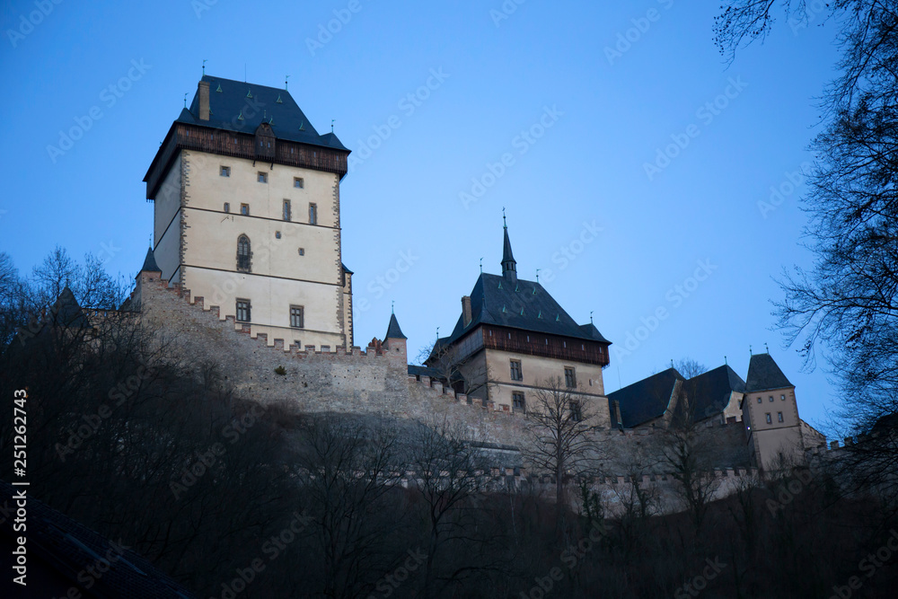 Winter royal gothic Castle Karlstejn near Prague in the Night, Czech republic