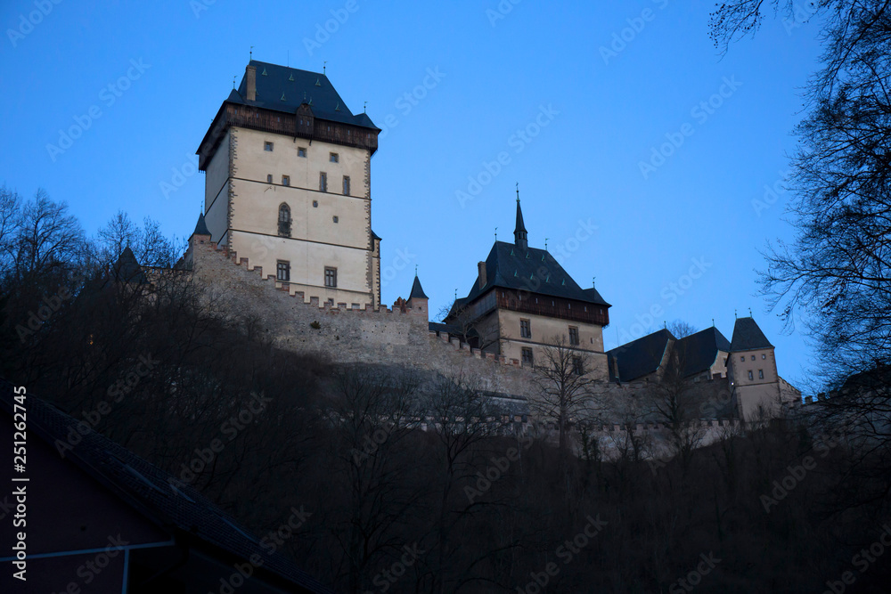 Winter royal gothic Castle Karlstejn near Prague in the Night, Czech republic