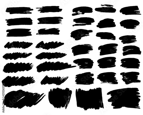 Big vector set of hand drawn brush strokes and stains. One color monochrome artistic hand drawn backgrounds and graphic resources. Various shape ink spots.