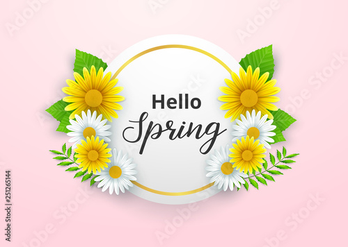 Hello spring background with beautiful flowers and round frame 