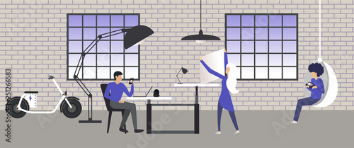 Cartoon picture of business people working in teamwork concept, open space creative office, modern workplace, loft room with dark, grey brick wall texture, electric bike,lamp,dask.Vector illustration.