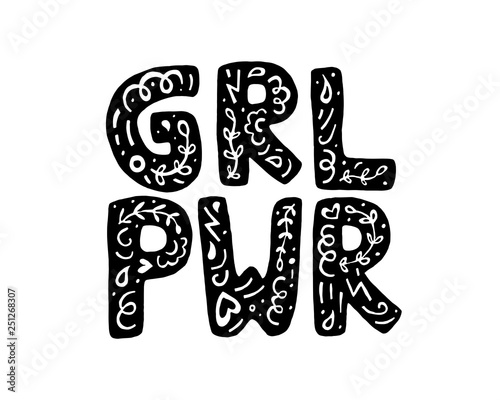 vector grl pwr typography illustration of a girl power concept with floral elements. black and white women's march feminist black text on a white background. vector feminism sticker, t-shirt print.