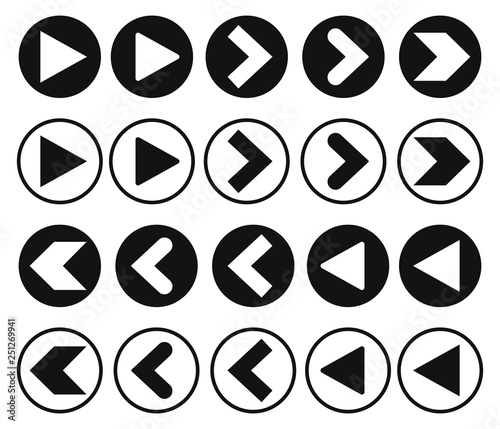 Set Arrow icons, play symbols design template, isolated signs, vector illustration