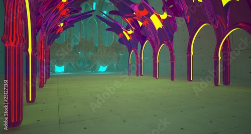 Abstract Concrete Futuristic Sci-Fi Gothic interior With Yellow And Blue Glowing Neon Tubes . 3D illustration and rendering.