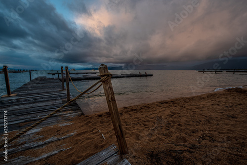 Stormy weather clouds at sunset over Lake Tahoe