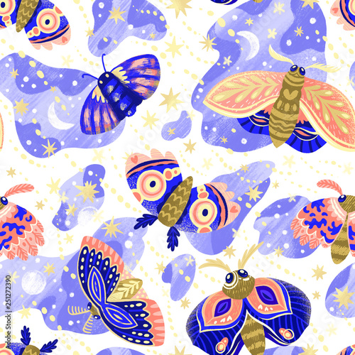 Bright seamless pattern with moths and night butterflies