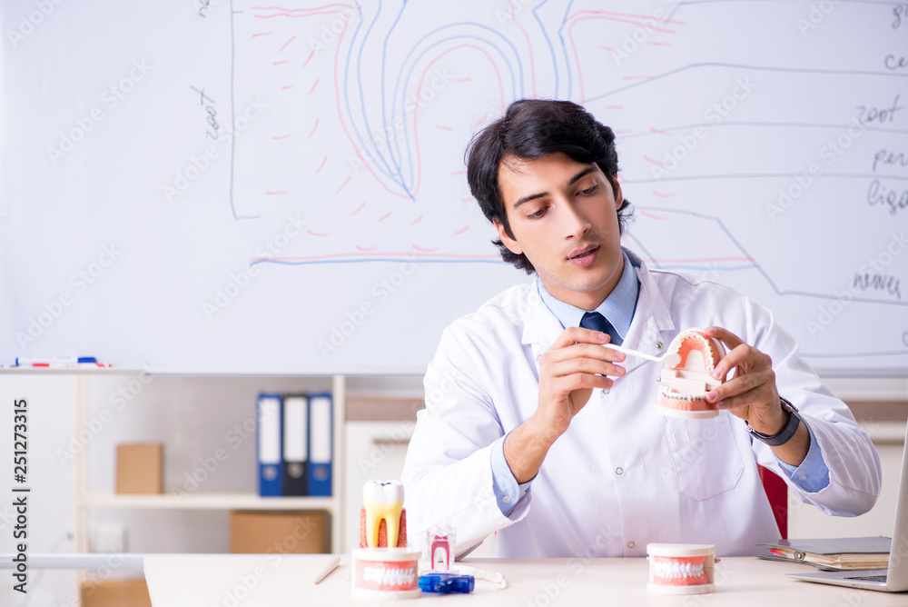 Young handsome dentist in front of the whiteboard Young handsome dentist in front of the whiteboard