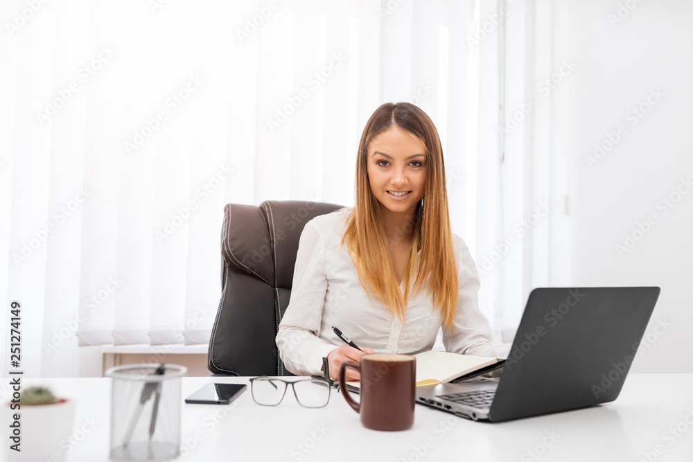 A pretty young entrepreneur welcomes clients in her office. A pretty young entrepreneur welcomes clients in her office.