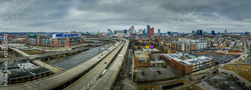 Aerial view of Baltimore skyline with skyscrapers, inner harbor in Maryland USA