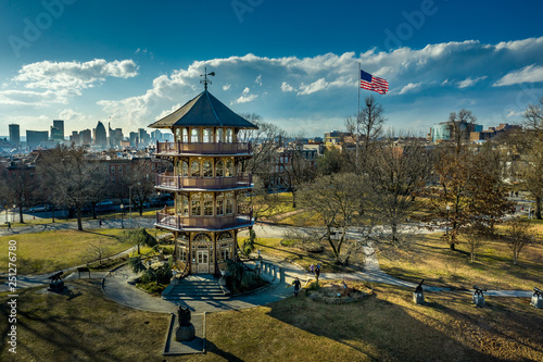 Patterson Park Pagoda During Winter in Baltimore, Maryland, USA with American Flag