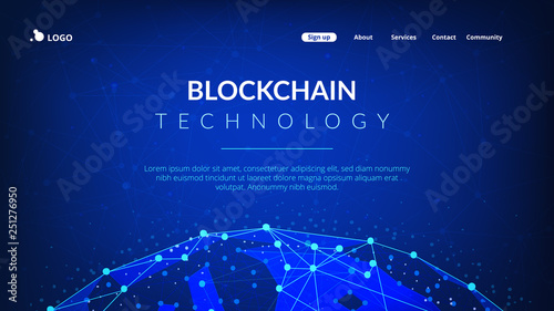 Blockchain technology futuristic hud banner with world globe.