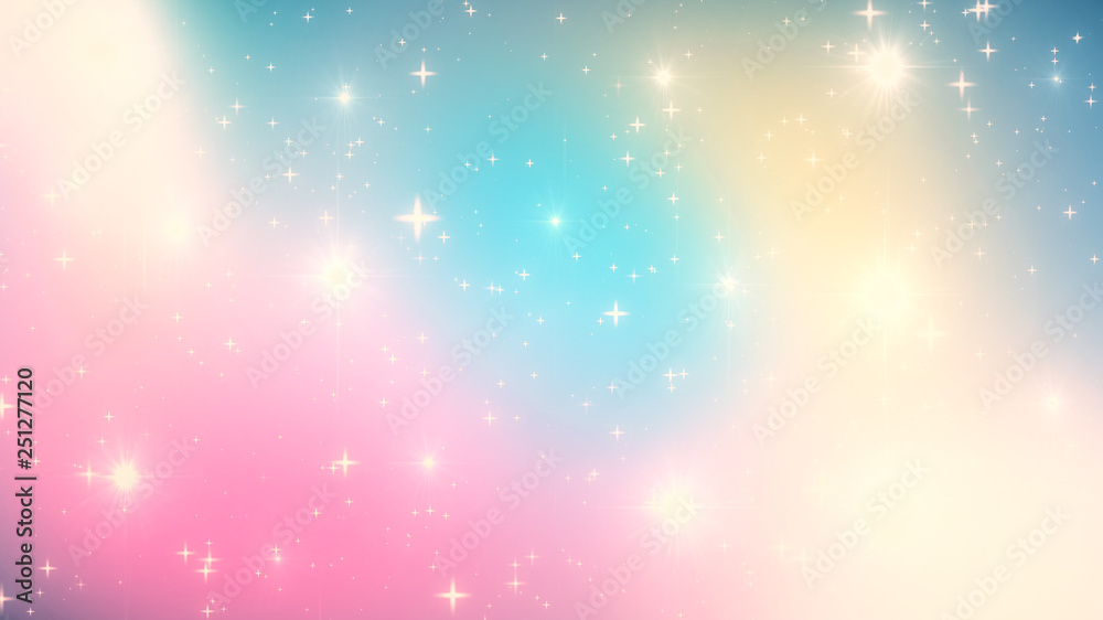 Holographic Abstract Kawaii universe princess colors Fantasy Pastel Fairy rainbow stars and blurs background.