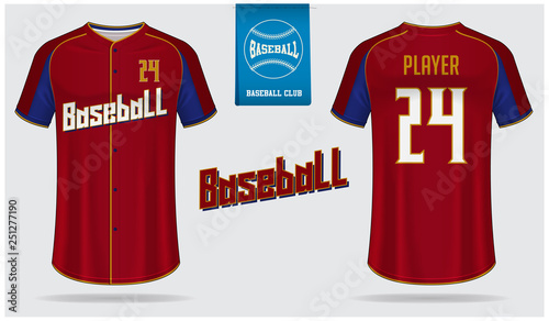 Baseball jersey, sport uniform, raglan t-shirt sport template design. Baseball t-shirt mock up. Front and back view baseball uniform. Flat baseball logo on blue label. Vector Illustration.