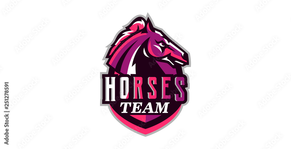 Horse logo. Sports logos of horses, racing stallions. Shield, text, mascot, head of a stallion. Vector illustration Horse logo. Sports logos of horses, racing stallions. Shield, text, mascot, head of a stallion. Vector illustration