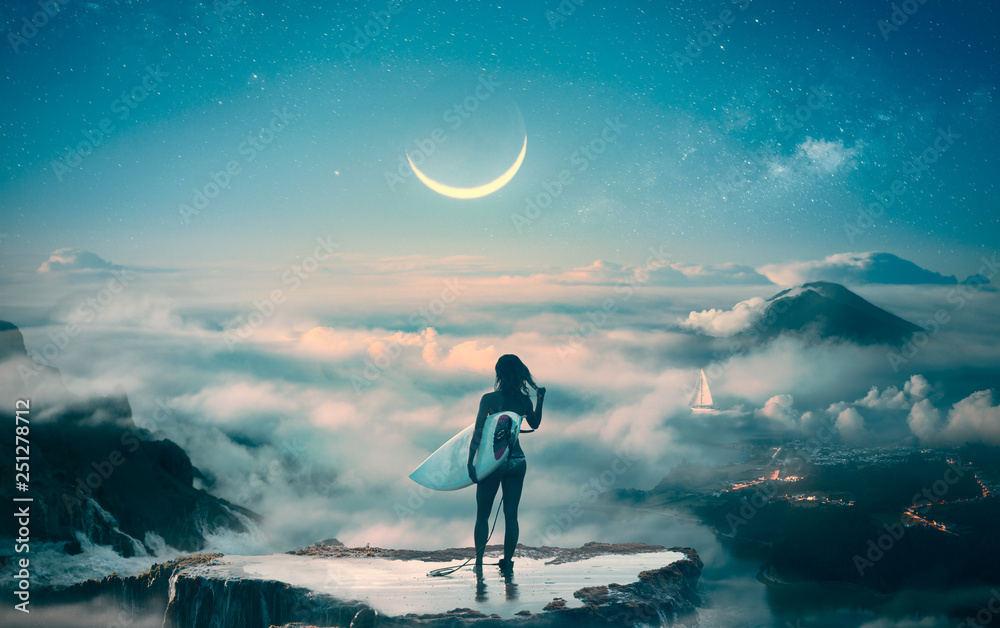 Surfer slender girl watching dream standing in clouds with beautiful landscape and moonlight on background