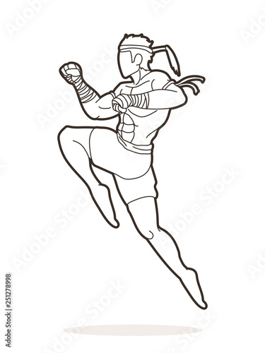Muay Thai fighting , Thai boxing jumping to attack cartoon graphic vector 