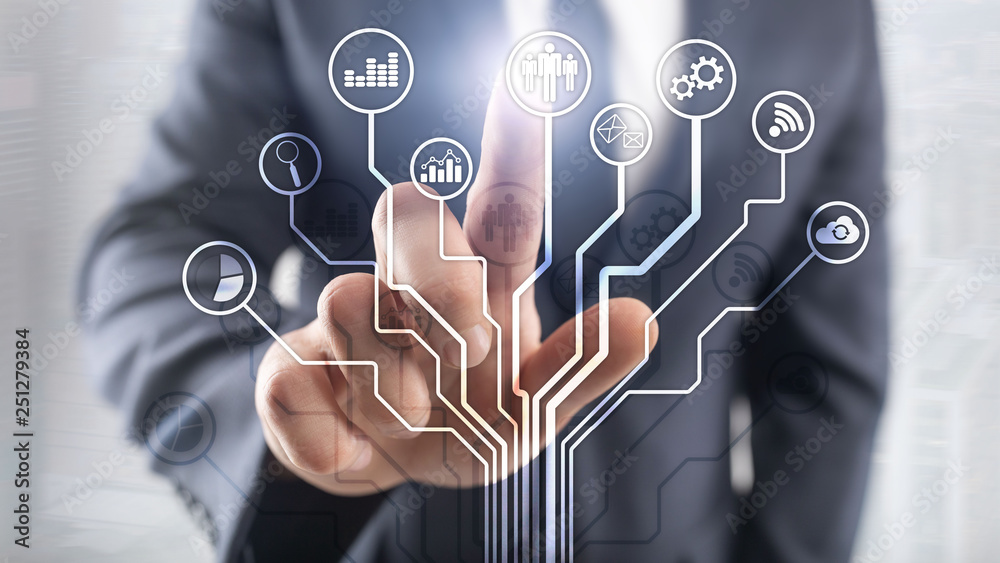 Business applications icons on blurred background. Financial and trading. Internet technology concept.