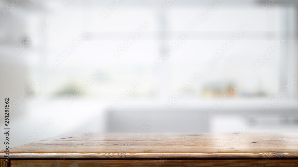 Empty wood counter table in white kitchen room background. Empty wood counter table in white kitchen room background.