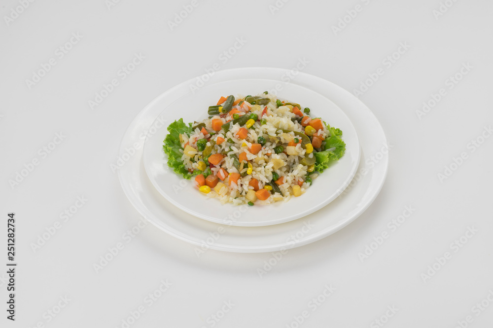 boiled rice vegetables white plate isolated boiled rice vegetables white plate isolated
