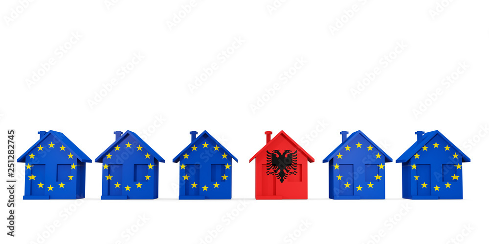 House with flag of albania in a row of EU flags House with flag of albania in a row of EU flags