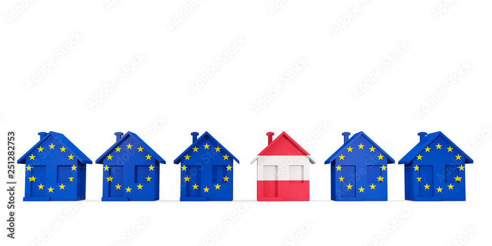 House with flag of austria in a row of EU flags House with flag of austria in a row of EU flags