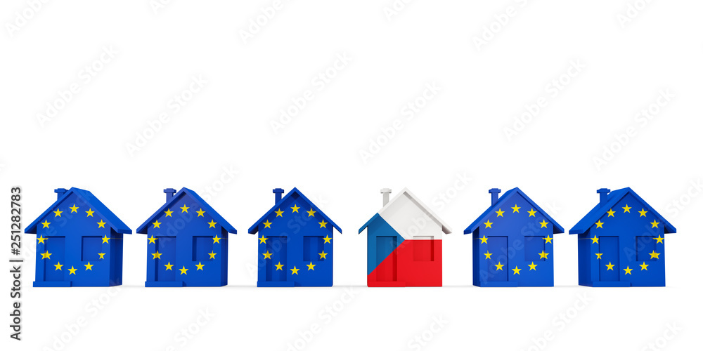 House with flag of czech republic in a row of EU flags House with flag of czech republic in a row of EU flags