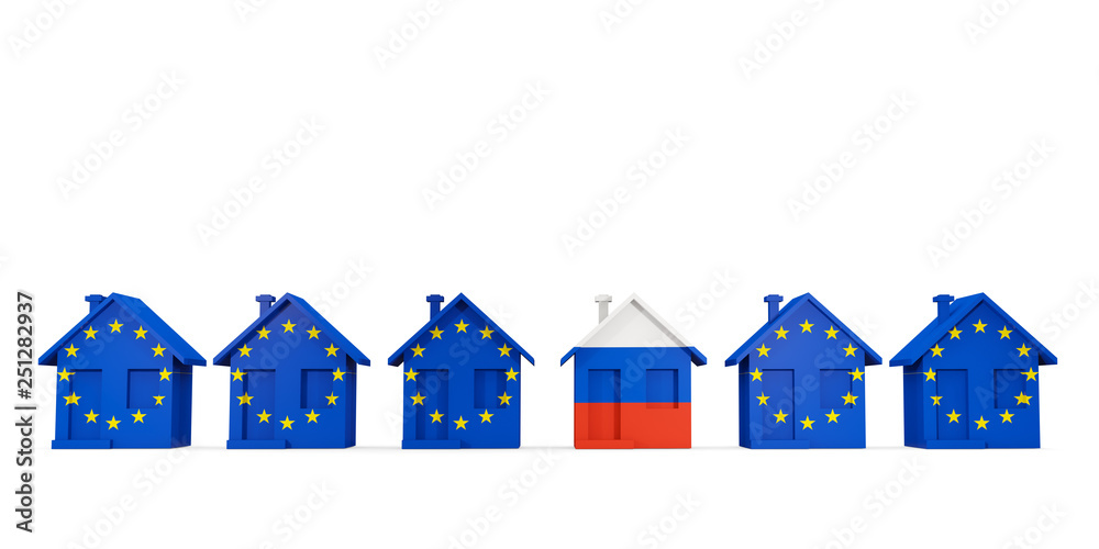 House with flag of russia in a row of EU flags House with flag of russia in a row of EU flags