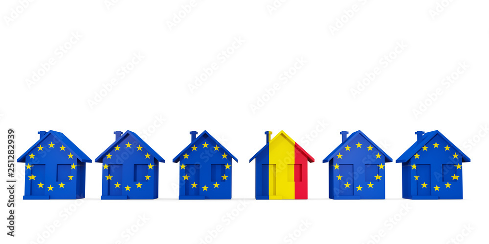 House with flag of romania in a row of EU flags House with flag of romania in a row of EU flags