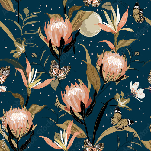 Blooming  Protea flowers and botanical garden night with moon shine and stars ,butterflies saemless pattern vector design for fashion ,fabric,wallpaper and all prints
