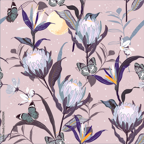 Soft and gentle Protea flowers and botanical garden night with moon shine and stars ,butterflies saemless pattern vector design for fashion ,fabric,wallpaper and all prints