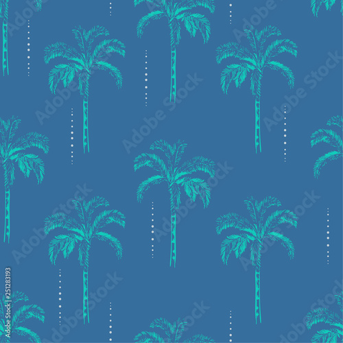 Trendy Palm and coconut trees silhouette on the sky blue background. Vector seamless pattern with tropical plants © MSNTY_STUDIOX