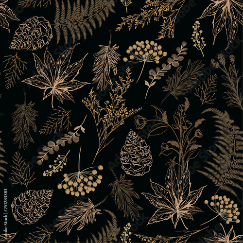 Retro Seamless pattern. Hand drawn vector illustrations - Forest Autumn botanical, acorns, pine cones, maple leaves.