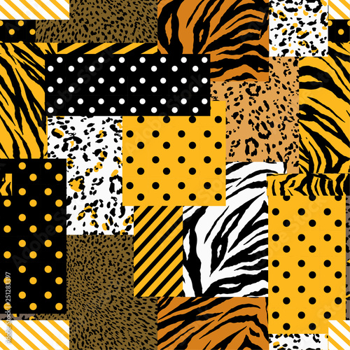 Summer bright safari animal skin mixed with geometric pattern ,polka dots and stripe in modern patchwork collage style seamless vector