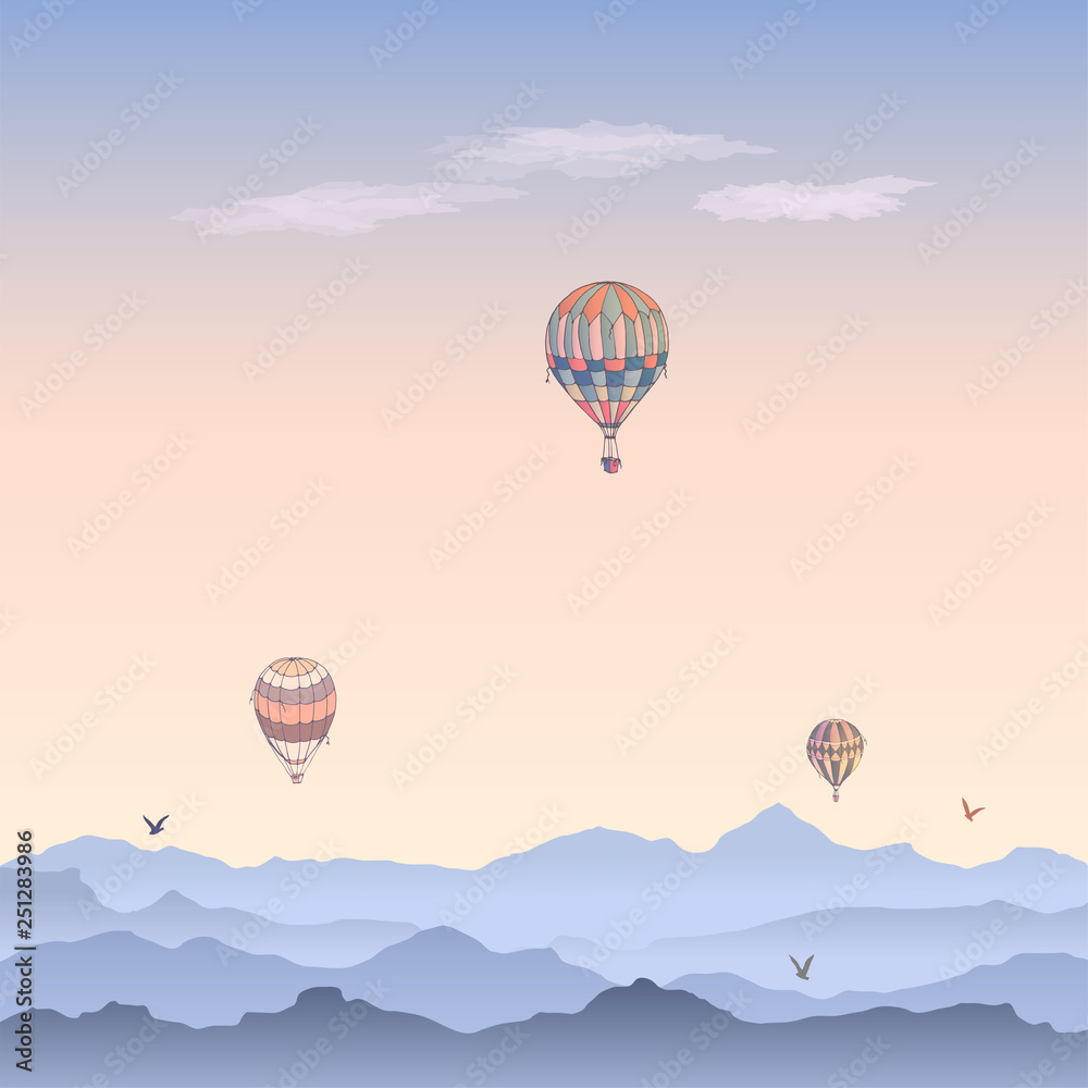 Obraz premium Balloons vector card. Some differently colored striped air balloons flying in the clouded morning sky. Patterns of clouds and birds soaring in the sky. Travel and vacation.