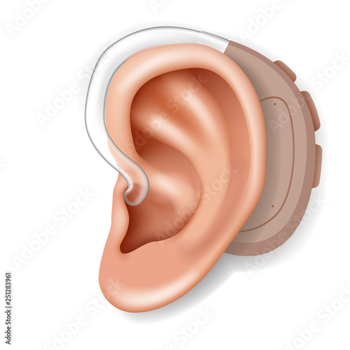 Hearing aid aerophone behind ear organ human health care closeup realistic 3d isolated on white icon design vector illustration