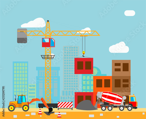 Building work process with houses and construction machines in the town. Vector.