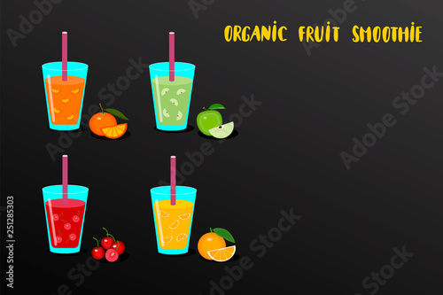 Set of fruit smoothies in a glass with ingredients fresh orange, apple, tangerine and cherry. Organic health smoothie.