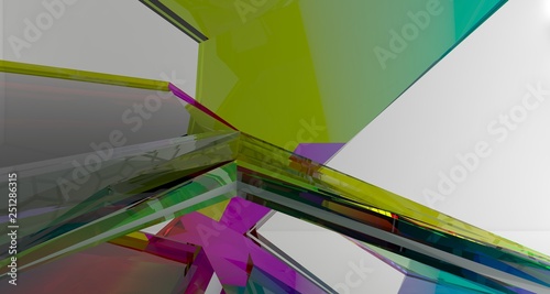 Abstract white and colored gradient glasses interior multilevel public space with window. 3D illustration and rendering.