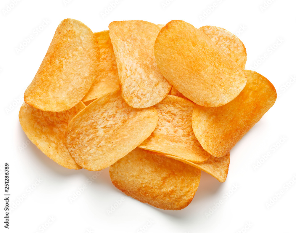 heap of fresh potato chips isolated on white background heap of fresh potato chips isolated on white background