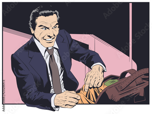 Man packing bag. Businessman going on vacation. Stock illustration.