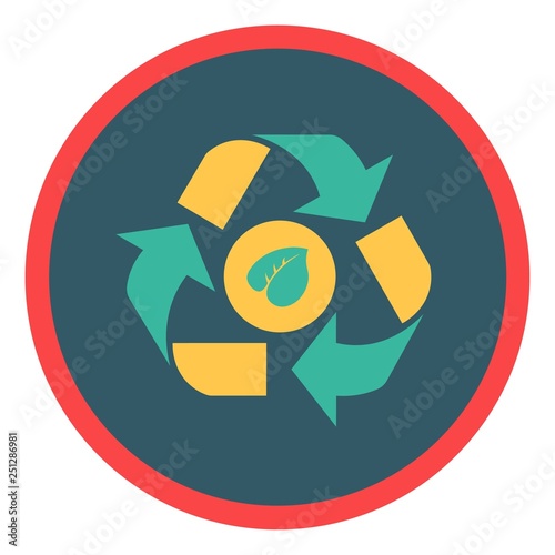 Recycling symbol of ecologically pure funds sign. Green environment and recycle vector icons in a round frame 