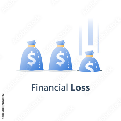 Money loss, sunken cost concept, lack of finance, stock market fall, investment hedge fund, wealth devaluation, income decrease