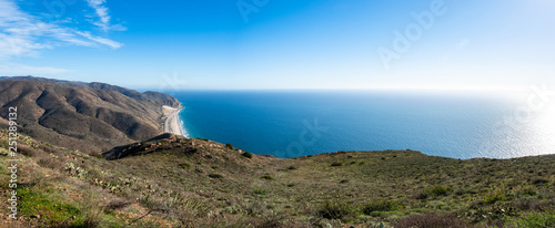 View of Pacific Ocean and Pacific Coast Highway, HIghway One, from Chumash and Mugu Peak trail, Point Mugu State Park, Ventura County, California, USA