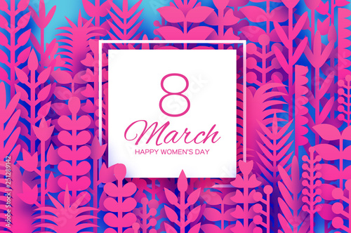 8 March. Origami Spring Flowers for Happy Womens day. Mixed Magenta Paper cut outs plants, flowers, tropical leaves for window display. Square frame for text. Mothers Day. Happy holidays on blue.