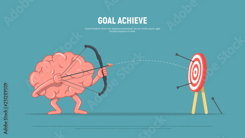 Cartoon brain character shoots or aiming at the target. Business concept goal achieve. Vector illustration in flat style