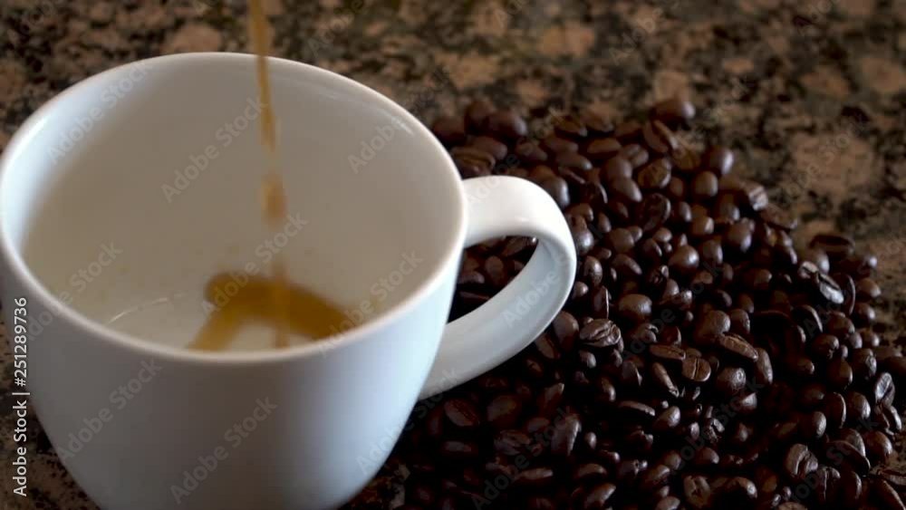 Pouring coffee in mug for breakfast. Slow motion morning beverage. Part 1 of 2. Pouring coffee in mug for breakfast. Slow motion morning beverage. Part 1 of 2.