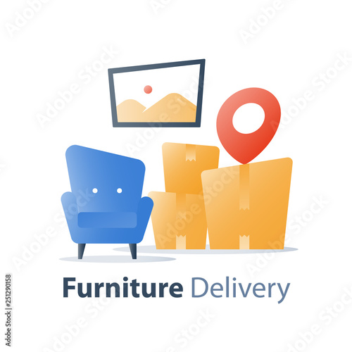 Move in home, furniture delivery service, fast relocation, armchair and pile of boxes