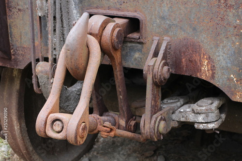 Connect hook on railway truck of slag pot metal container in former iron and steel Works in Vítkovice, Ostrava, Czech republic photo