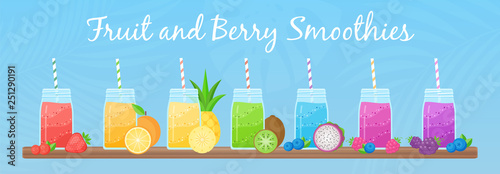 Vegeterian smoothie shake cocktail collection vector illustration. Set of glass jar with layers of sweet vitamin juice cocktail or protein shake with fresh fruits for smoothies fitness bar design