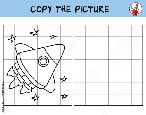 Space rocket flying. Copy the picture. Coloring book. Educational game for children. Cartoon vector illustration